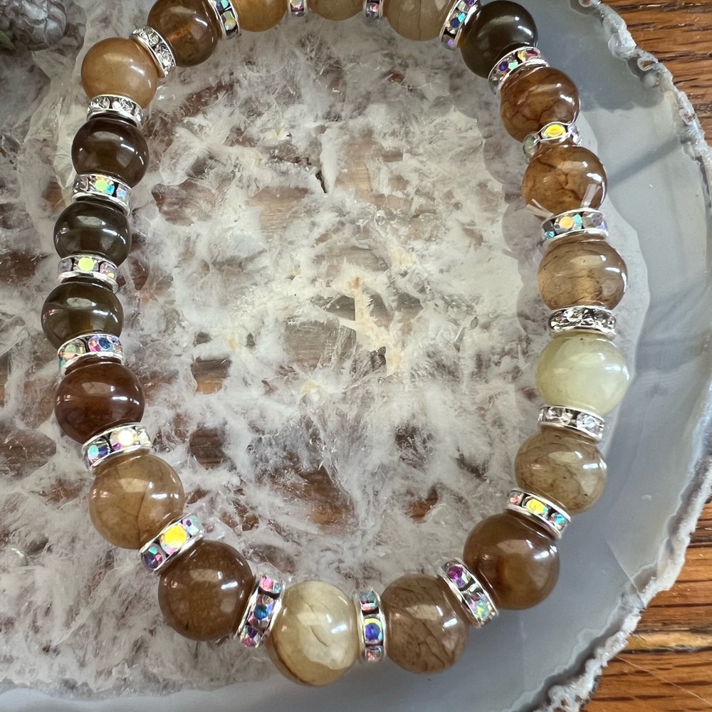 Dark & Light Flower Agate Bracelet with Earthy Tones
